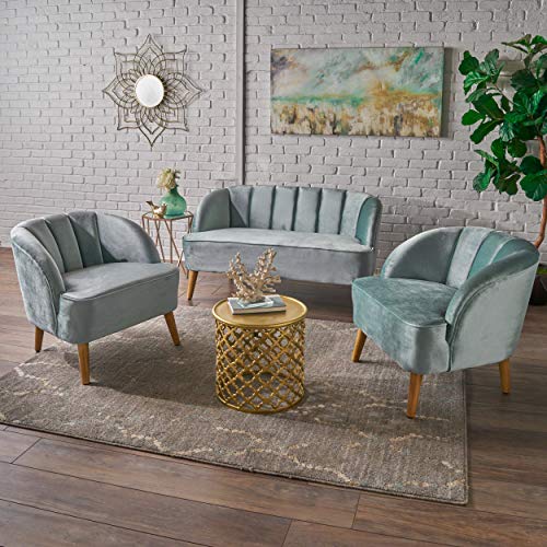 Christopher Knight Home Amaia Modern Velvet Chat Set, 3-Pcs Set, Seafoam Blue / Walnut