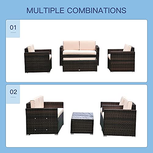 Outsunny 4-Piece Cushioned Patio Furniture Set, with 2 Chairs, Sectional, and Glass Coffee Table, Rattan Wicker, Brown
