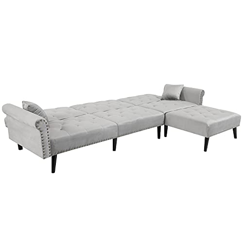 Sofa Bed, Velvet Sectional Couch Convertible 115 L-Shape Sofa Bed Sleeper Reversible Chaise with 2 Pillows Adjustable Back for Living Room and Small Space (Gray)