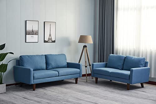 INSTORY Fabric Soft Sofa Linen Upholstered Couch Modern Style Furniture with Armrest & Wooden Legs for Living,Room,Bedroom,Apartment,Dorm-Sky Blue