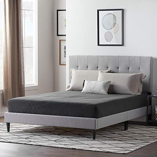 LUCID Upholstered Bed with Square Tufted Headboard -Linen Inspired Fabric –Sturdy Wood Build –No Box Spring Required Platform, Queen, Stone