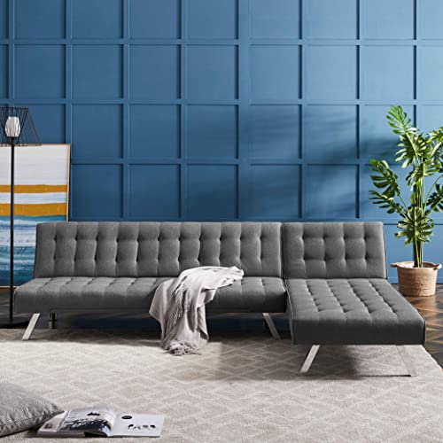 ATY Reversible Sectional Sofa Bed, L Shape Button Tufted Sleeper Couch with Chaise Lounger and Metal Legs, for Living Room, Office, Dark Grey
