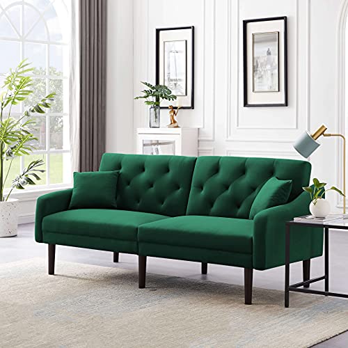 CUSMOR Convertible Sofa Couch, Velvet Sofa Bed Loveseat, Folding Sleeper Sofa for Small Space, Living Room, Bedroom, Apartment, Dorm (Green)