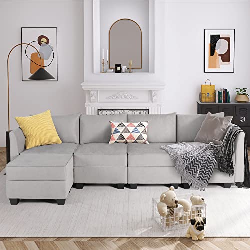 STHOUYN Comfy L Shaped Modular Couch Sectional Sofa Set, Sectionals Sofas for Living Room with Storage Seat & Ottoman Footstool, Light Grey (1A+4B+1C)