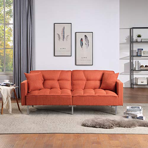 Convertible Sofa Bed Upholstered Linen Fabric Tufted Sofa Couch, Mid Century Split-Back Futon Sofa Modern Fabric Sleeper Sofa with Metal Legs for Living Room, Can Convertible Into A Bed (Orange)