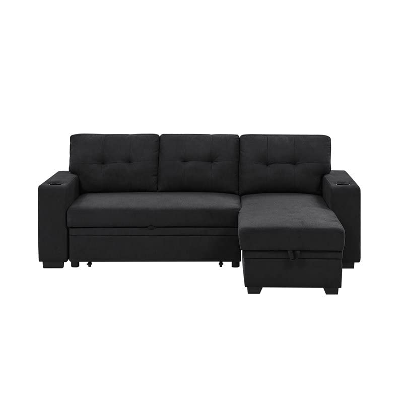 Trent Home Upholstery Polyester Blend Fabric Convertible Sectional Sleeper Sofa with Cup Holders in Black