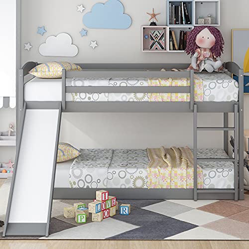 Twin Bunk Beds with Slide for Kids, Low Profile Bunk Beds with Ladder, Ladder and Slide can be Put on Both Side(Grey, Twin Bunk Beds (Slide+Ladder))