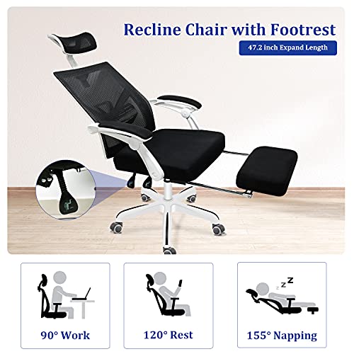 Ergonomic Office Chair, 155° Reclining High Back Mesh Office Chair with Footrest, Large Seat & Linkage Armrest, Adjustable Swivel Computer Desk Chair, White