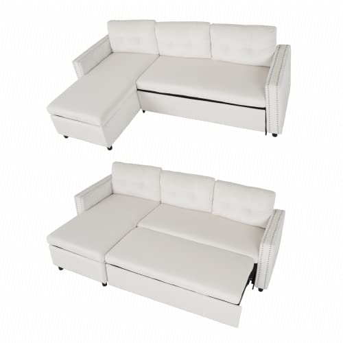 Mjkone Sectional Sleeper Sofa with Storage Chaise and Pocket, Velvet Reversible Pull Out Sofa Bed (Cream White)