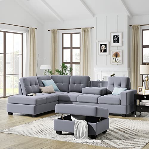 STARTOGOO 2022 New 3 Piece Modern Living Room Sectional Sofa Furniture Set,L-Shaped Upholstered Corner Couch with Reversible Chaise Lounge,Storage Ottoman & Cup Holders for Home Office, Antique Gray