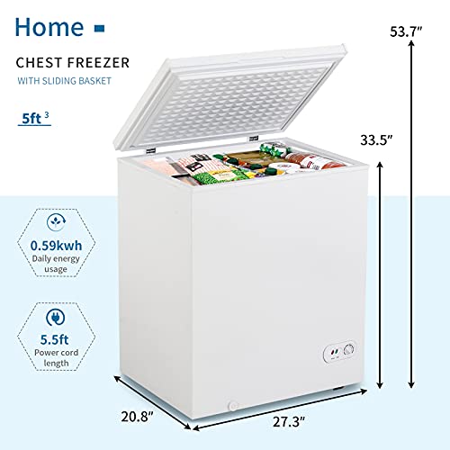 Chest Freezer with Removable Storage Basket,Top Open Door Freezing Machine for Home and Kitchen Dorm Bar Office,7 Temperature Settings (27.3'' x 20.8'' x 32.9'', 5.0 cu.ft)