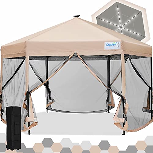 Quictent 13’ X 13’ Hexagonal Gazebo with Solar Powered LED Lights Pop up Canopy Tent with Mosquito Net ,Easy up Screened Canopy Gazebo, Beige