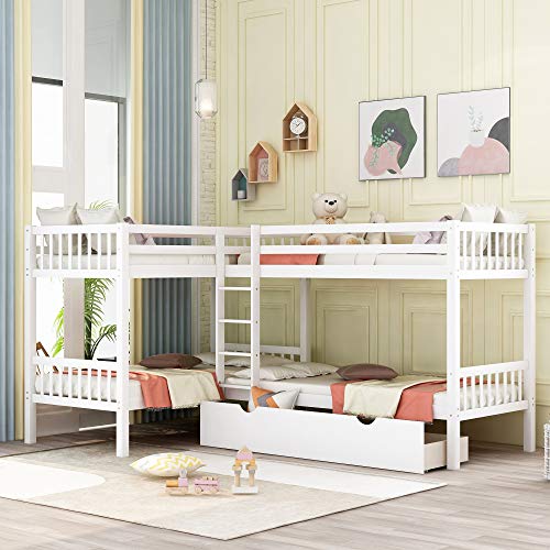 Wooden Bunk Beds for 4 Kids, Twin Over Twin L-Shaped Bunk Bed Frame with Storage Drawers (White)