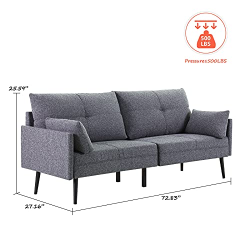 Vonanda Linen Fabric 3 Seater Sofa with 2 Accent Rectangle Pillows, Modern Couch with Base-Two-Cushion and Metal Legs, Upholstered Sofa for Bedroom Living Room Apartment Dorm Office, Gray