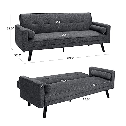 VASAGLE Convertible Couch Sofa Bed, Fabric Upholstered Seat Pad, Sturdy Wooden Frame, Easy Assembly, 69.7 x 32.3 x 32.3 Inches, Gray