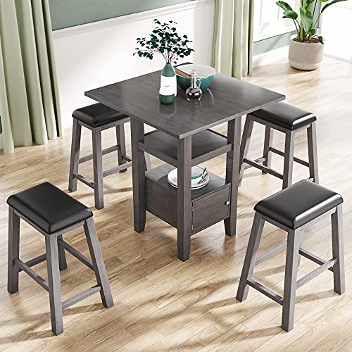 5 Pieces Counter Height Dining Table Set with 4 Upholstered Stools with Storage Cupboard and Shelf, Wood Kitchen Dining Set for Small Places (Grey)