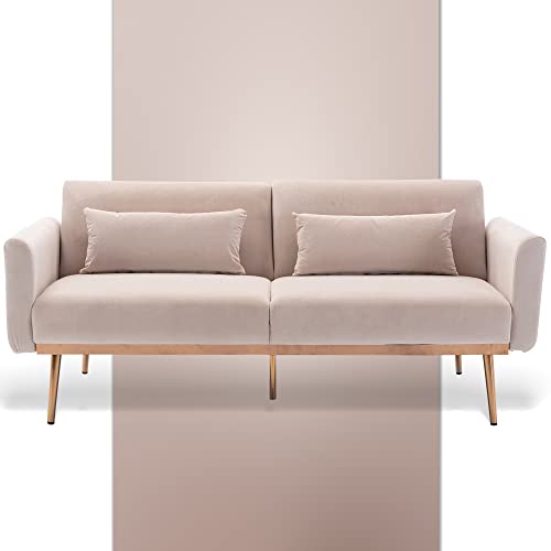 Office Couch for Small Space Velvet Love Seat Sofa Bed for Living Room Bedroom Modern Loveseat Sleeper Twin Mid Century Pull Out Convertible Modular Sectional Chesterfield Daybed (Beige)