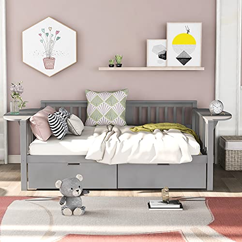 Daybed with Two Drawers, Wood Full Size Sofa Bed Frame with Small Table, Storage Daybed for Bedroom, Living Room (Grey,Full with Drawers)