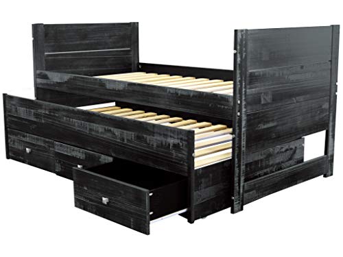Bedz King All in One Bed with Twin Trundle and 3 Built in Drawers, Weathered Black