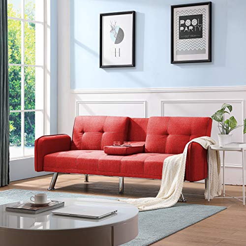 Futon Sofa Bed with Cup Holders,3 Angles Adjustable Convertible Sleeper Sofa,Modern Couch Sofa for Compact Living Space, Apartment, Dorm(Red)