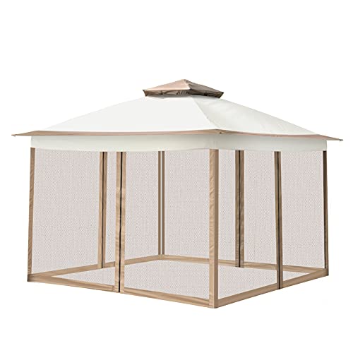 Happybuy 12x12ft Outdoor Pop-Up Canopy Gazebo Starter Kit, Equipped with Four Sandbags, Ground Spikes, Netting, Ropes, Carrying Bag - Portable Brown Tent for Backyard, Patio and Lawn, Upgraded Version