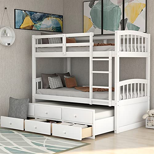 Twin Over Twin Bunk Bed with Trundle, Wooden Bunk Bed Frame with 3 Drawers for Kids, Teens, Adults (White)