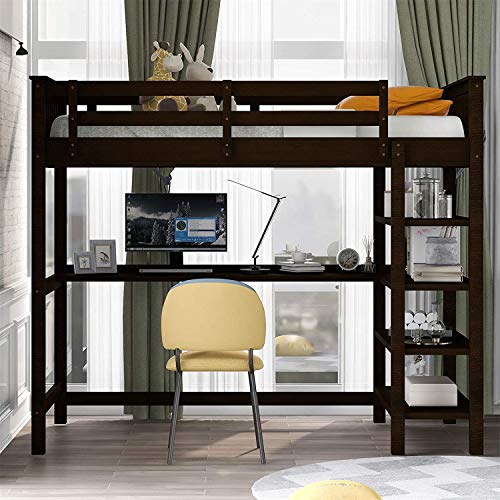 Harper & Bright Designs Twin Loft Bed , Loft Bed with Desk and Storage Shelves, Rubber Wooden Kids Loft Bed Twin , No Box Spring Needed (Twin,Espresso)