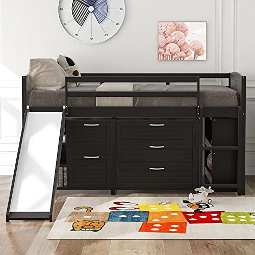 Wood Low Loft Bed with Slide, Twin Loft Bed with Cabinets and Shelves, for Kids Girls Boys – Espresso