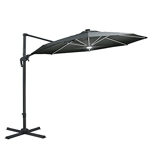 Outsunny 10' Patio Umbrella Outdoor Cantilever Aluminum Offset Umbrella Sun Shade with LED Solar Lights, 360° Rotation, 4 Adjustable Tilt Angles and Cross Base, Dark Grey