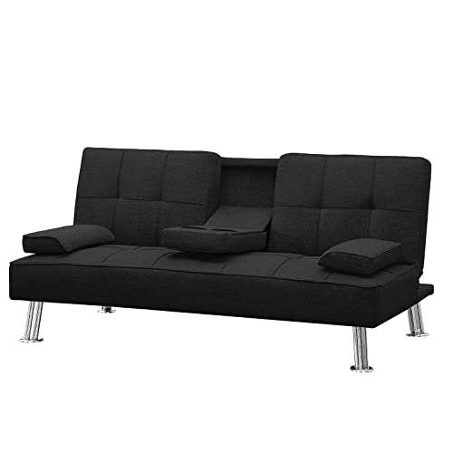 3 Pieces Convertible Sectional Sofa Couch, L-Shaped Sectional Sofa Bed with Two Cup Holders and Ottoman, Tufted Fabric Sofa with Removable Armrest, Modern Living Room Sofa Furniture Set (Black)