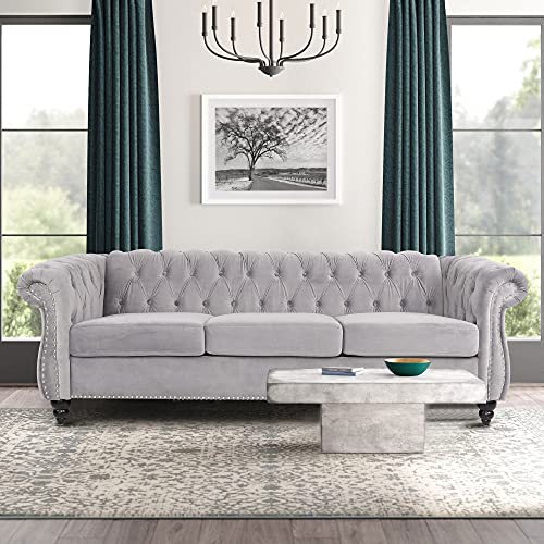 Modern 3 Seater Couch Velvet, Upholstered Sofa with Tufted Back, Roll Arm Classic Chesterfield Settee Couches for Living Room, Office (Gray)