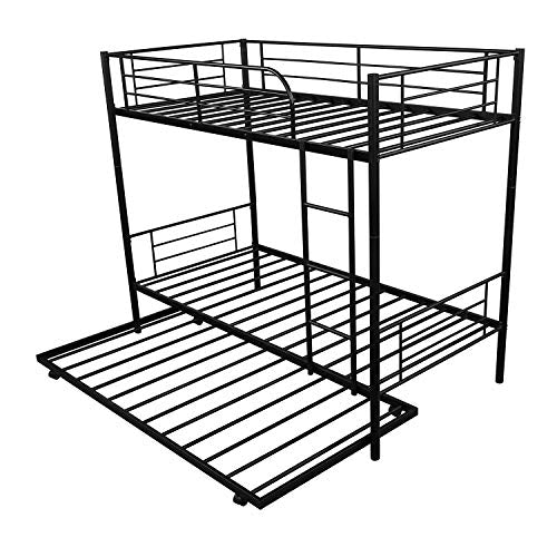 Metal Bunk Bed with Trundle, Twin Over Twin Beds Can be Divided into Two beds, Heavy Duty Triple Bed Frame with Ladders & Safety Guard Rails（Black）