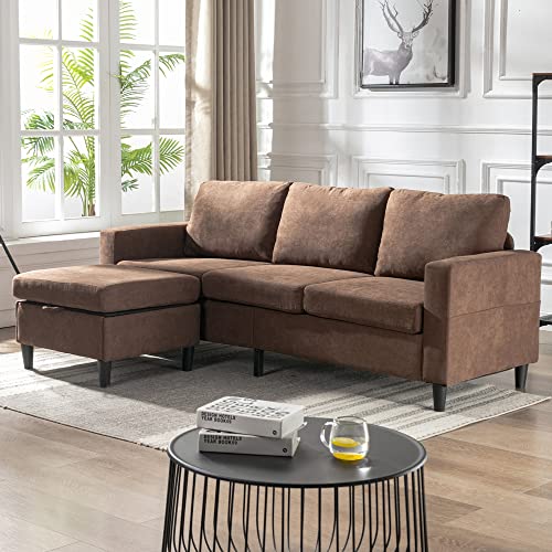 P PURLOVE 3-Seater Sofa Couch with Movable Storage Ottoman for Small Space L Shape Sectional Sofa with Handy Side Pocket for Living Room Bedroom