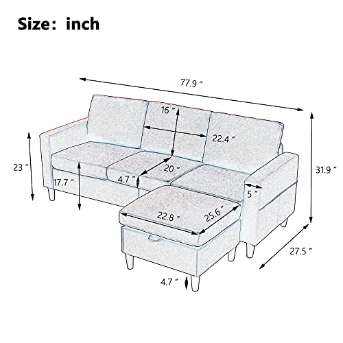 L-Shape 3-Seater Couch Reversible Sectional Sofa with Movable Storage Ottoman, Living Room with Modern Linen Fabric for Apartment, Upstairs Loft, and More