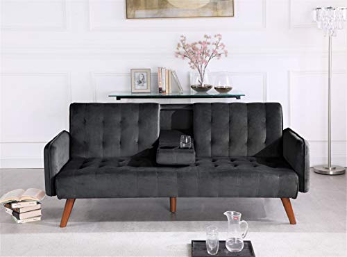 US Pride Furniture Classical Style Soft Round Arm 72’’ Wide Black Velvet Tufted Twin Size Convertible Sofa Bed with Solid Wooden Legs & High Density Foam (SB9070-9076) Sofabed
