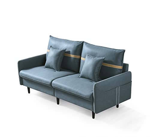 Mid Century Loveseat Sofa with Throw Pillow, Leather-Like Fabric Modern Sofa Couch Solid Wood Frame Comfy Love Seat for Small Place Apartment Living Room Bedroom 73″ × 33