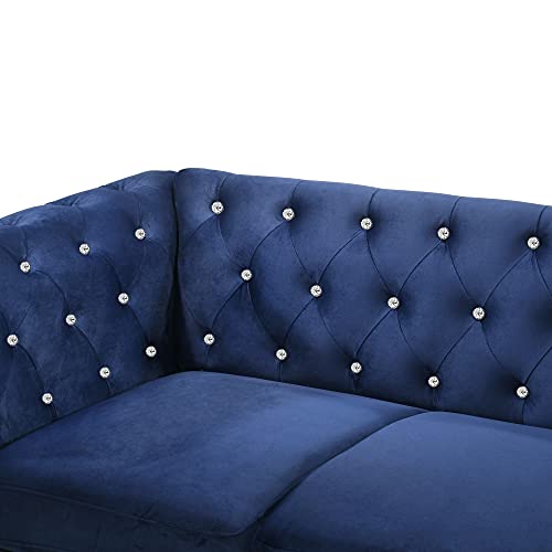 New Classic Furniture Glam Emma Velvet Three Seater Chesterfield Style Sofa for Small Spaces with Crystal Button Tufts, Royal Blue