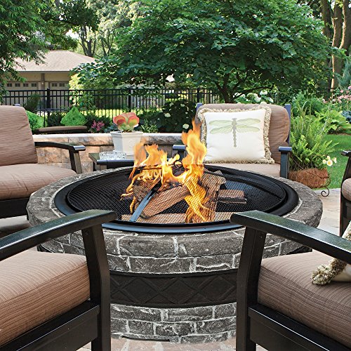 Sun Joe SJFP35-CS-STN Cast Stone Base, Wood Burning Fire Pit w/Dome Screen, Charcoal Gray