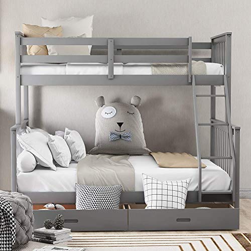 Solid Wood Twin Over Full Bunk Bed for Kids with Two Storage Drawers, Safety Rails and Removable Ladder (Gray)