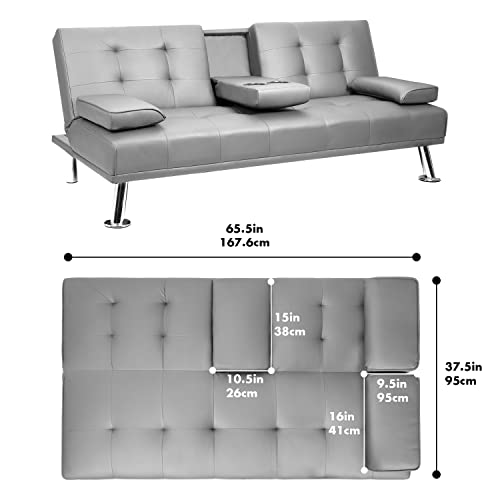 YESHOMY Futon Sofa Bed Modern Faux Leather Convertible Folding Lounge Couch for Living Room with 2 Cup Holders, Removable Soft Armrest and Sturdy Metal Leg, Gray