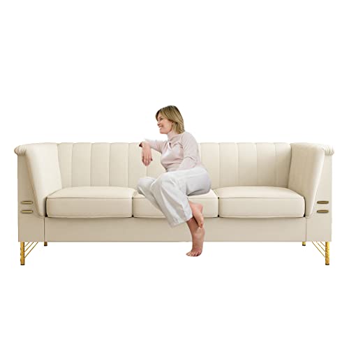 Chesterfield Sofa, Velvet Upholstered Futon Sofa with High Arms and Removable Cushions, Sofa Couch with Wood Frame and Gold Legs, Mid Century Tufted Sofa for Living Room, Apartment (Beige)