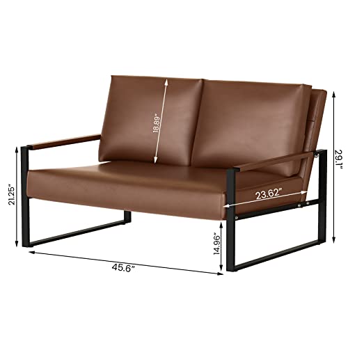 AWQM Mid-Century Loveseat and Accent Chair Set, Upholstered Modern Solid Faux Leather Armchair and Loveseat Sofa, 105 Degree Slant Back, Living Room Chair with Thick Padded Seat and Backrest- Brown