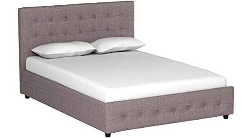 DHP Cambridge Upholstered Linen Platform Bed with Wooden Slat Support and Under Bed Storage, Button Tufted Headboard, Full Size - Grey