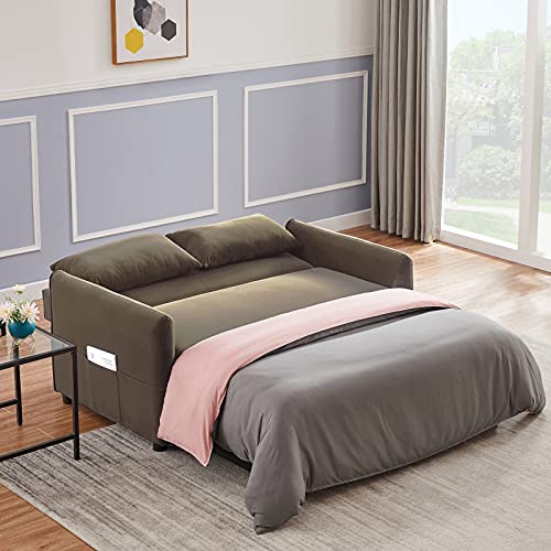 Garhelper Velvet Pull Out Sofa Sleeper,Convertible 3 in 1 Upholstered Loveseat Sleeper Sofa, Adjustable Backrest Save Space Compact Sofa Couch with 2 Lumbar Pillows and Side Pocket for Living Room