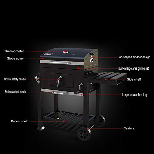 Barbecue Cart Charcoal Grill BBQ Camping Grill Portable Grill for Outdoor Yard Hike Picnic, with Corkscrew, Thermometer, Foldable Side Table and Wheels, Height-Adjustable Fireplace, Black