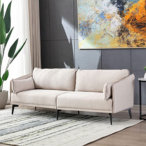 Beige 3 Seater Sofa Couch, Modern Fabric Upholstered Sofa with Two Cushions, 74 inch Sofa Furniture for Living Room Office Bedroom Apartment, Metal Leg Three People Seat