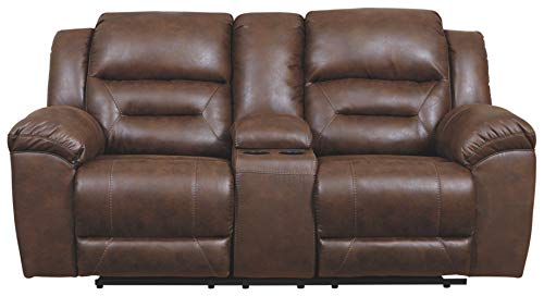 Signature Design by Ashley Stoneland Faux Leather Power Double Reclining Loveseat with Center Console, Dark Brown
