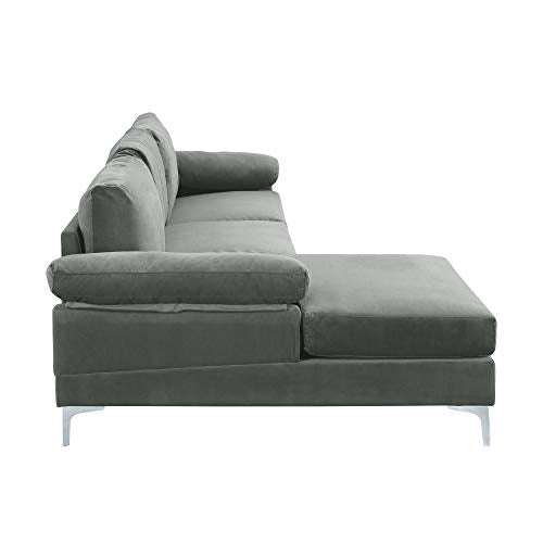 Casa Andrea Milano Modern Sectional Sofa L Shaped Velvet Couch, with Extra Wide Chaise Lounge, Large, Grey