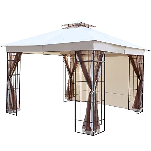 Hofzelt Lowell 10 x 10 Ft Gazebo Double Tiered Canopy Tent Steel Frame Outdoor Patio with 4 Side Mosquito Netting and One Side Curtain (Cream)