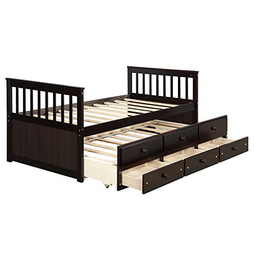 Twin Captain's Bed Storage Daybed with Trundle and Drawers for Kids Teens and Adults, Espresso